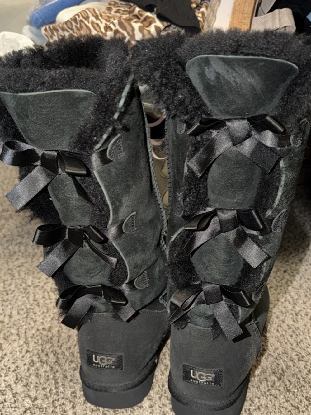 UGG Black Tall Satin Bow Back Shearling Boots